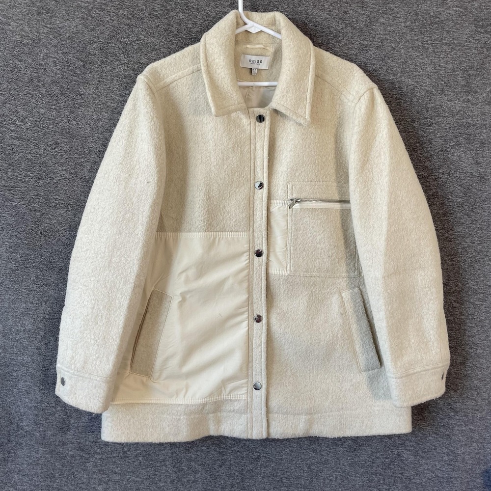 Reiss Jacket Womens 12 White Wool‎ Fleece Snap Front Pockets Collared Mid Length